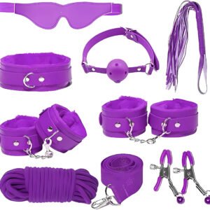 Kit Sado 8 Piezas Esposas Latigo Antifaz Mordaza Pinzas Soga